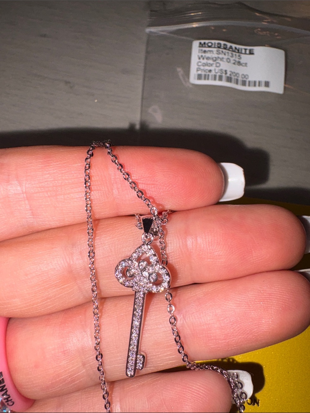 Silver Key Pendant Moissanite Necklace - White